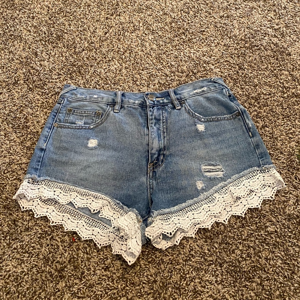 Free People Lace Trimmed Denim Shorts